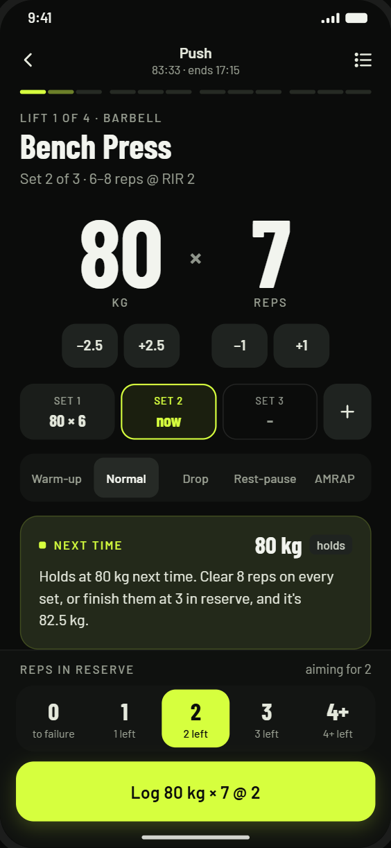 The REGOL workout screen mid-set, with weight and reps in large type